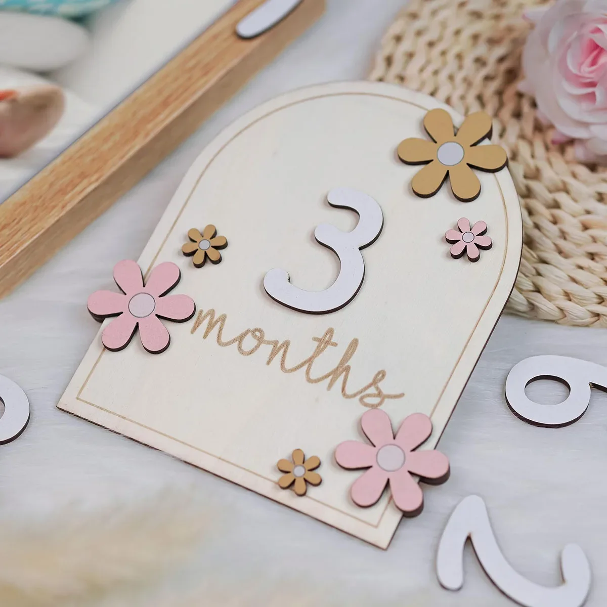 Photography Still Life - เด็กทารกรายเดือน Milestone Cards ดอกไม้คู่ด้านจํานวนเดือนเด็กทารกแรกเกิดการถ่ายภาพ Props อุปกรณ์เสริม